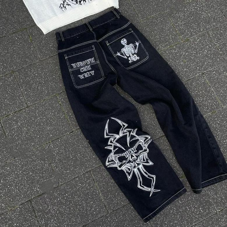 Y2K Jeans Herren Hip Hop Retro Schädel Stickerei Gewaschen Baggy Denim Hosen Neue Gerade Casual Lose Breite Bein Hosen Streetwear M weiß von Joom DACH