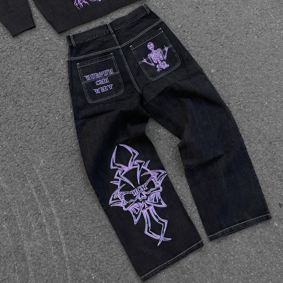 Y2K Jeans Herren Hip Hop Retro Schädel Stickerei Gewaschen Baggy Denim Hosen Neue Gerade Casual Lose Breite Bein Hosen Streetwear S violett von Joom DACH