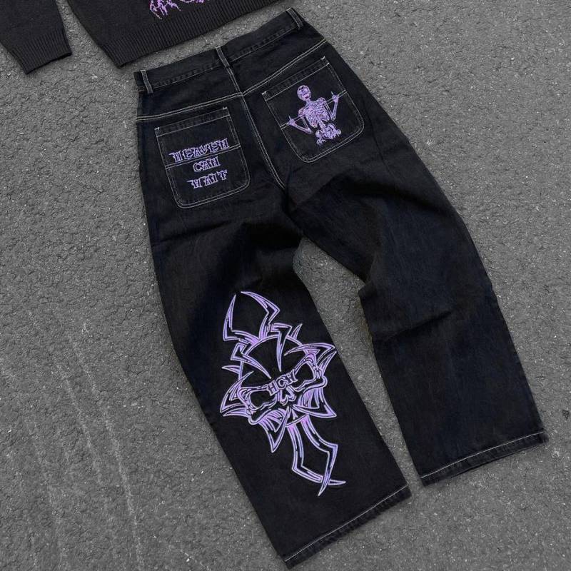 Y2K Jeans Herren Hip Hop Retro Schädel Stickerei Gewaschen Baggy Denim Hosen Neue Gerade Casual Lose Breite Bein Hosen Streetwear S violett von Joom DACH