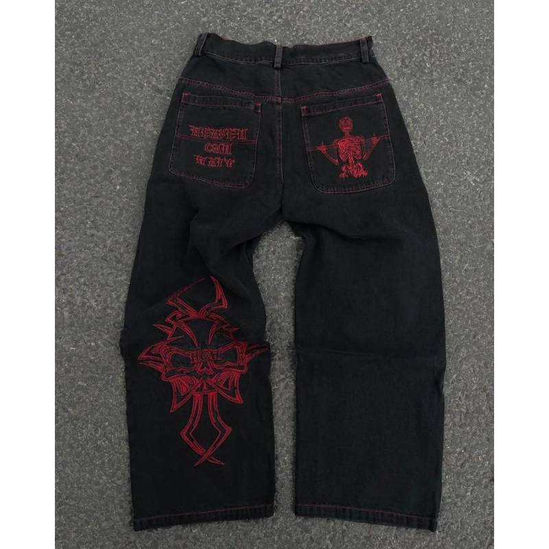 Y2K Jeans Herren Hip Hop Retro Schädel Stickerei Gewaschen Baggy Denim Hosen Neue Gerade Casual Lose Breite Bein Hosen Streetwear XXXL rot von Joom DACH