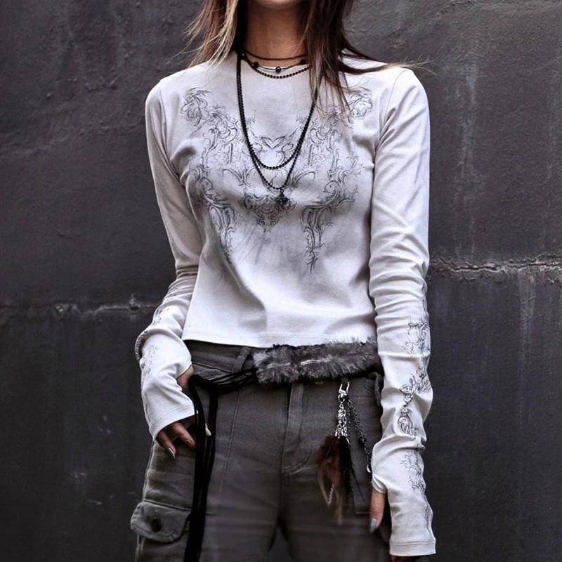 Y2K Neues Damen Top Langarm T-Shirt Gothic Dark Clothing S weiß von Joom DACH