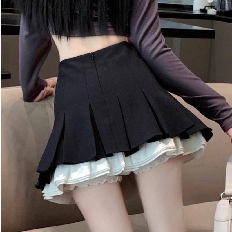 Y2K Rüschen Schwarz Minirock Frauen Koreanische Patchwork Faltenröcke Japanische Kawaii Hohe Taille Alle Match A Linie Rock Neue L von Joom DACH