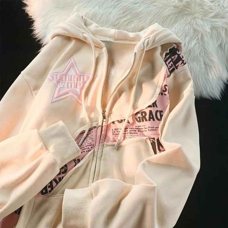 Y2K Zip Up Hoodie Frauen 2023 Neue American Fried Street Star Brief Drucken Patchwork Strickjacke Hoodie frauen Trendy Lose mantel Top L beige von Joom DACH