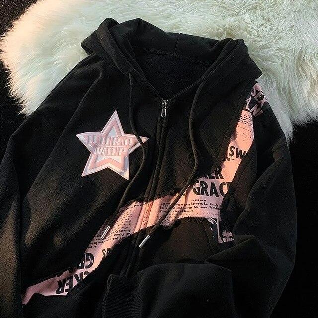 Y2K Zip Up Hoodie Frauen 2023 Neue American Fried Street Star Brief Drucken Patchwork Strickjacke Hoodie frauen Trendy Lose mantel Top M schwarz von Joom DACH