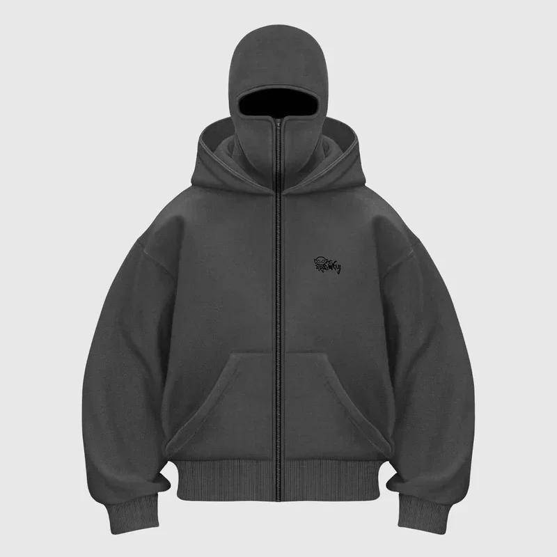 Y2K Zip-Up-Hoodie Harajuku Double Hat Resistant Besticktes hochwertiges schweres Sweatshirt Hip Hop Männer Frauen Streetwear Top S von Joom DACH