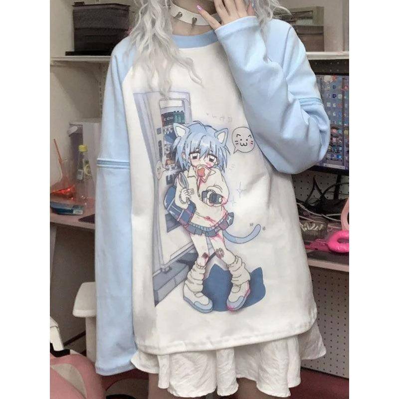 Y2k Ästhetische Abnehmbare Ärmel T-shirt Frauen Kawaii Katze Print Grunge Tops Japanischen Harajuku T-shirt Fairycore E-mädchen Streetwear L blau von Joom DACH