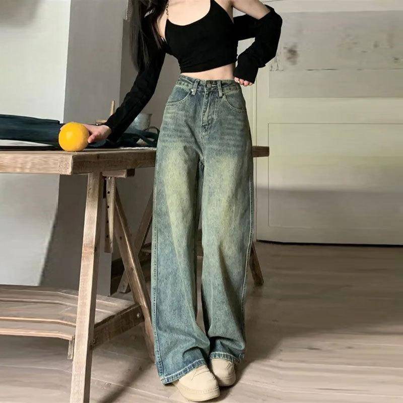 Y2k Baggy Wide Leg Jeans Damen Vintage Streetwear Washed Denim Hose Grunge Basic Slouchy Blaue Hose Femme Spring XL blau von Joom DACH
