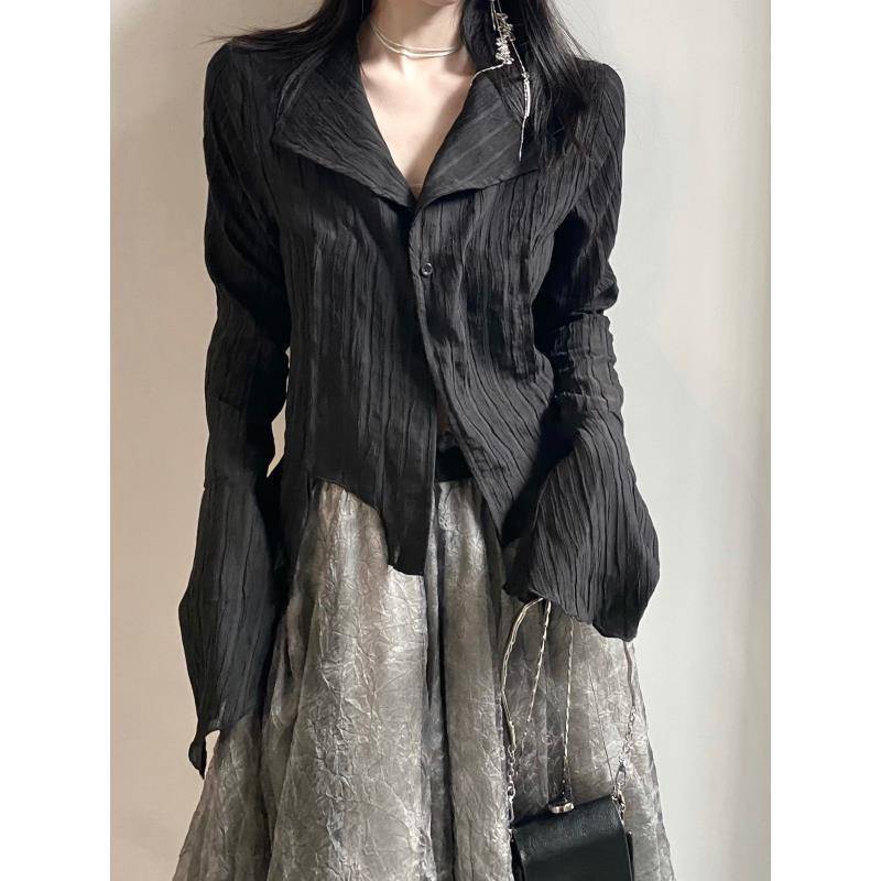 Y2k Bluse Frauen Vintage Schwarzes Hemd Gothic Harjauku Plissee Button Up Koreanische Dark Enge Langarm Ästhetische Weibliche M schwarz von Joom DACH