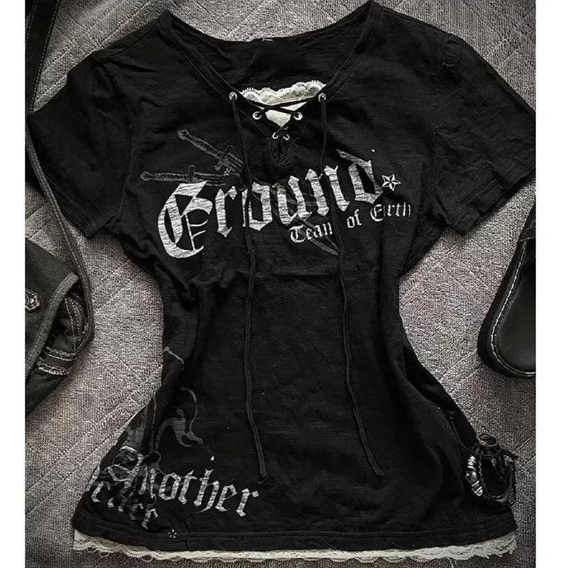 Y2k Crop Tops American Vintage Kurzarm T-Shirt Punk Gothic Rock Schwarze Spitzentops für Frauen Harajuku Goth Grunge Sommer Tees S von Joom DACH