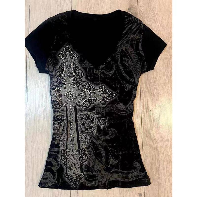 Y2k Crop Tops American Vintage Kurzarm T-Shirt Punk Gothic Rock Schwarze Spitzentops für Frauen Harajuku Goth Grunge Sommer Tees S von Joom DACH