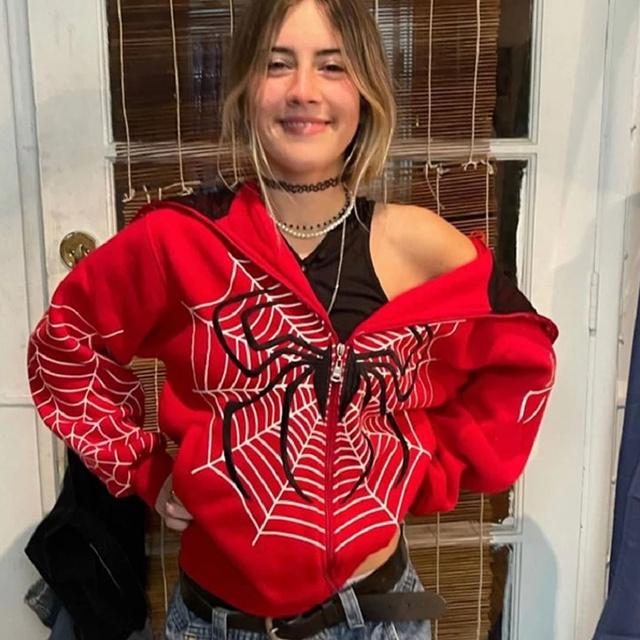 Y2k Emo Frauen Streetwear Hoodie Spinnennetz Rot Zip Up Hoodies Grunge Übergroßen Sweatshirt Gothic Harajuku Alt Jacken Kleidung M rot von Joom DACH