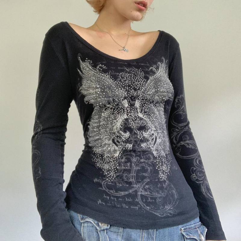 Y2k Grafik Langarm T-Shirts Tops Frauen Herbst Ästhetischen Gothic Floral Print Baggy T-Shirts Emo Kleidung S schwarz von Joom DACH