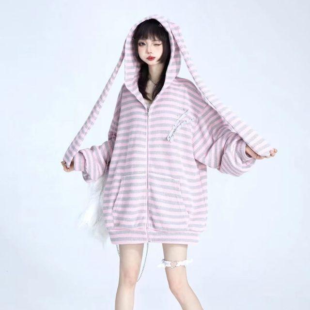 Y2k Herbst Nette Lose Streifen Kaninchen Ohr Gestrickte Hoodies Frauen Mit Kapuze Zip Up Sweatshirts Strickjacke Mantel Kpop Kawaii Kleidung One size beige von Joom DACH
