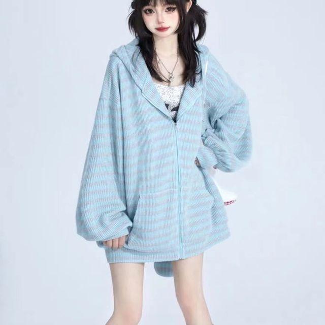 Y2k Herbst Nette Lose Streifen Kaninchen Ohr Gestrickte Hoodies Frauen Mit Kapuze Zip Up Sweatshirts Strickjacke Mantel Kpop Kawaii Kleidung One size beige von Joom DACH