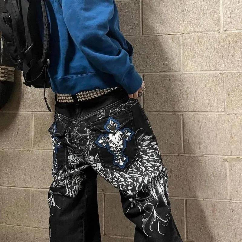 Y2k Street Hohe Taille Gothic Totenkopf Geometrie Männer Jeans Amerikanische Retro Hip Hop Mode Paar Gerade Lose Hosen S von Joom DACH