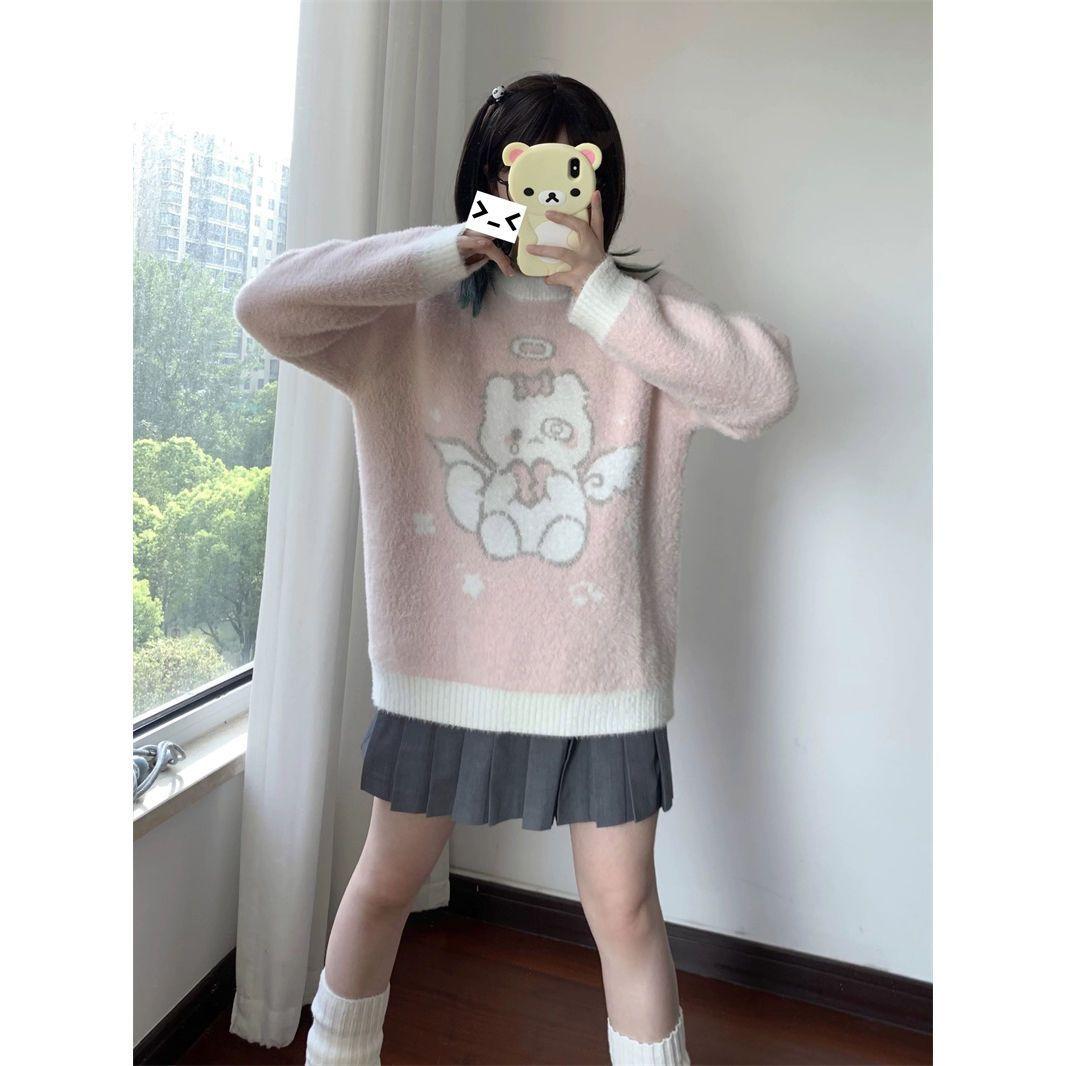 Y2k Süße süße Strickpullover Damen im japanischen Stil Kawaii Harajuku Cartoon Print Patchwork Lose Pullover Weiche Mädchen Tops S rosa von Joom DACH