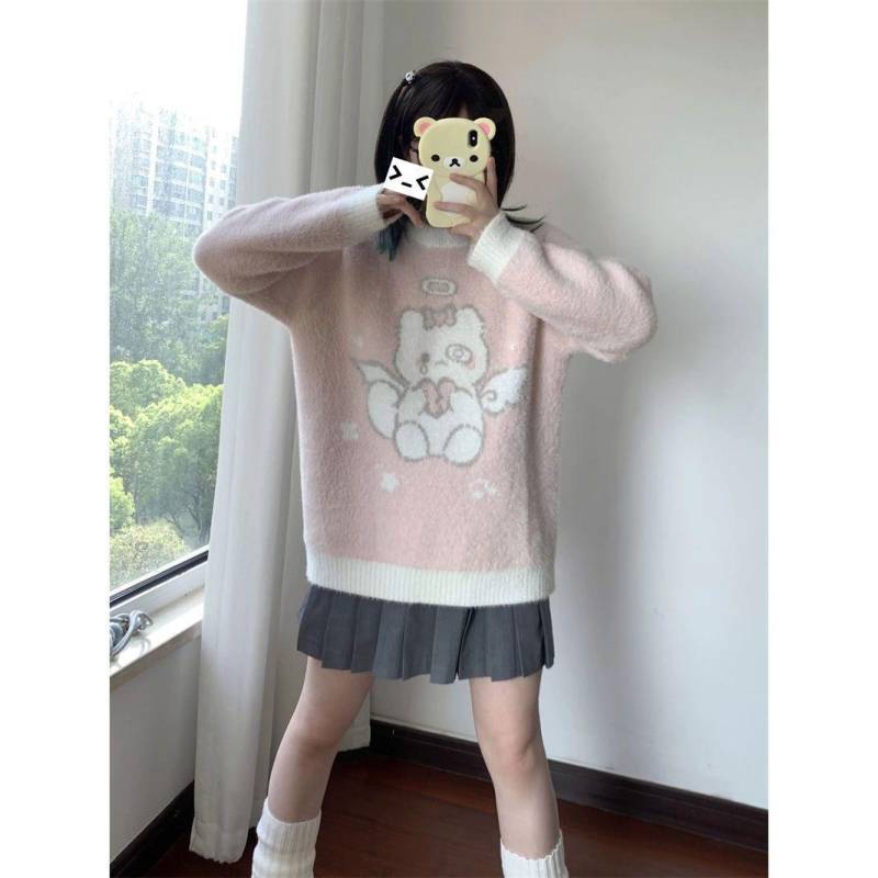 Y2k Süße süße Strickpullover Damen im japanischen Stil Kawaii Harajuku Cartoon Print Patchwork Lose Pullover Weiche Mädchen Tops S rosa von Joom DACH