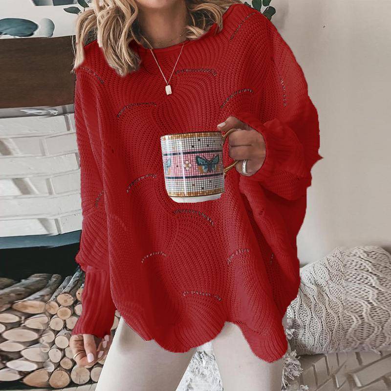 YYFS Damen Durchbrochener Pullover Elegante Lockere S-Form Strickpullover Damen Lässige Einfarbige Rundhalspullover Frühling Herbst Winter L von Joom DACH