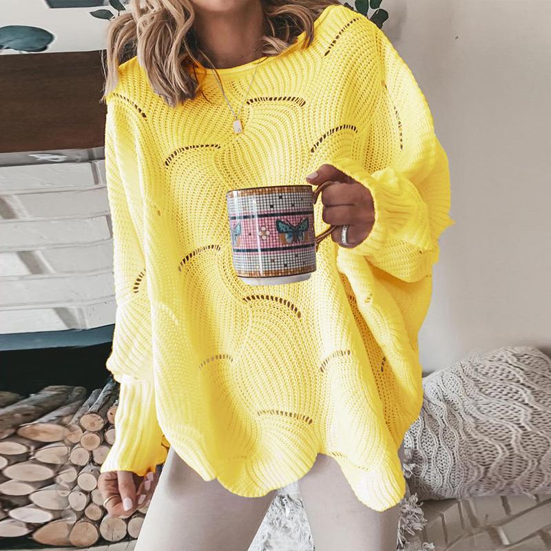 YYFS Damen Durchbrochener Pullover Elegante Lockere S-Form Strickpullover Damen Lässige Einfarbige Rundhalspullover Frühling Herbst Winter L gelb von Joom DACH