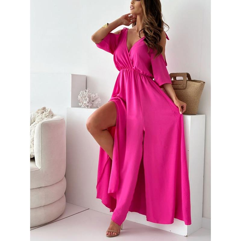 YYFS Damenmode Sommer Frühling Einfarbig Druck 1/2 Ärmel V-Ausschnitt Mittlere Taille Lässige Kleider L rose rot von Joom DACH