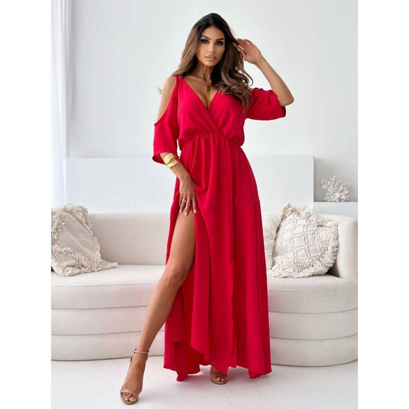 YYFS Damenmode Sommer Frühling Einfarbig Druck 1/2 Ärmel V-Ausschnitt Mittlere Taille Lässige Kleider XL rot von Joom DACH