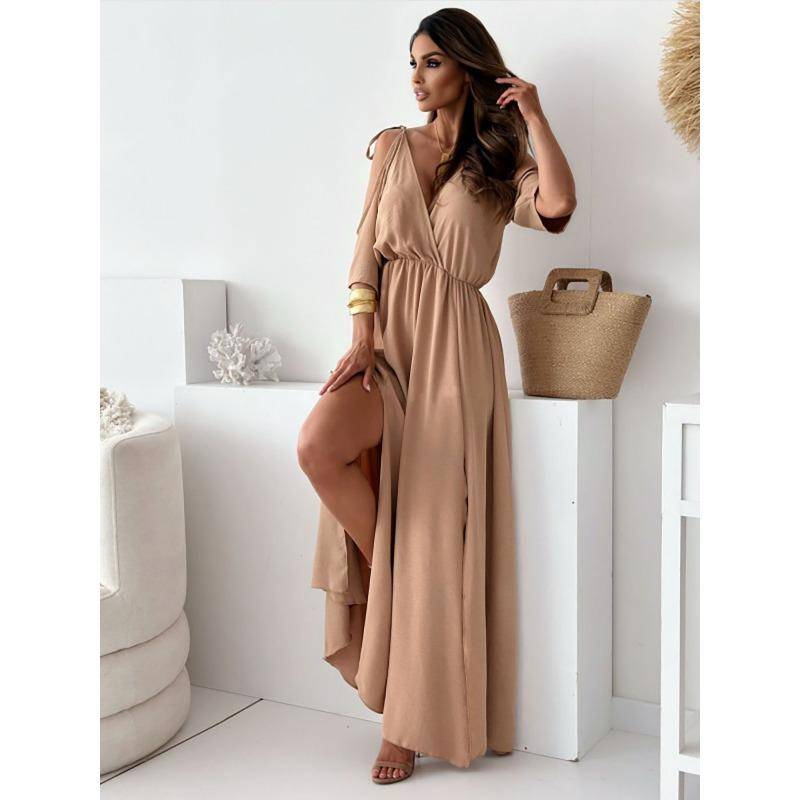 YYFS Damenmode Sommer Frühling Einfarbig Druck 1/2 Ärmel V-Ausschnitt Mittlere Taille Lässige Kleider XL khaki von Joom DACH