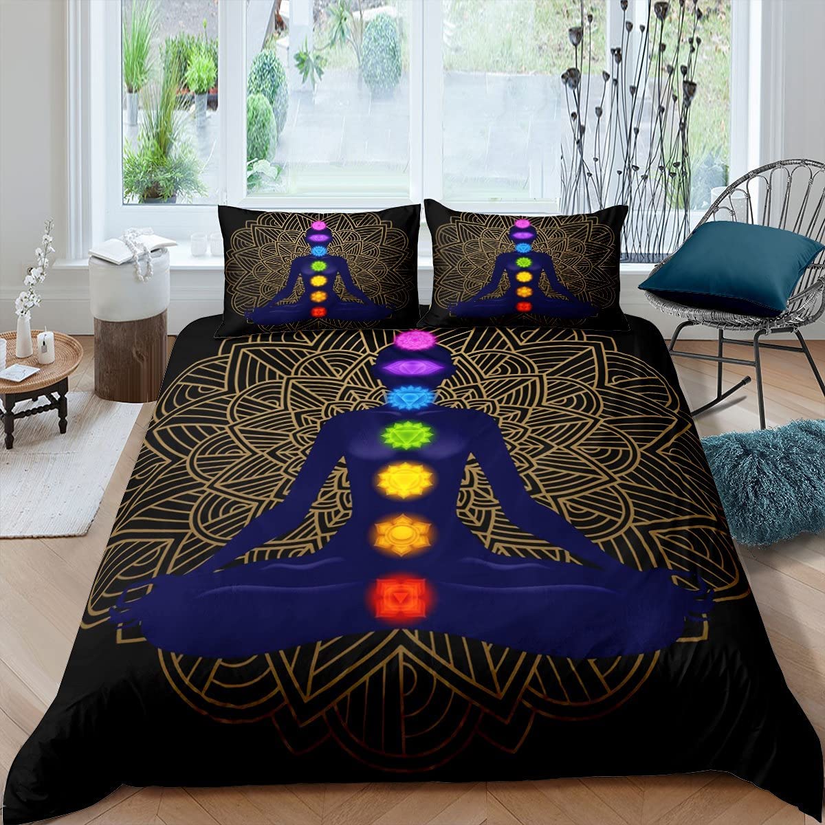 Yoga Bettbezug Set King Size, Chakra Meditation Bettwäsche Set, Mandala Bettbezug Boho Hippie Stil mit Chakra Kunstdruck EU single(135x200cm) von Joom DACH