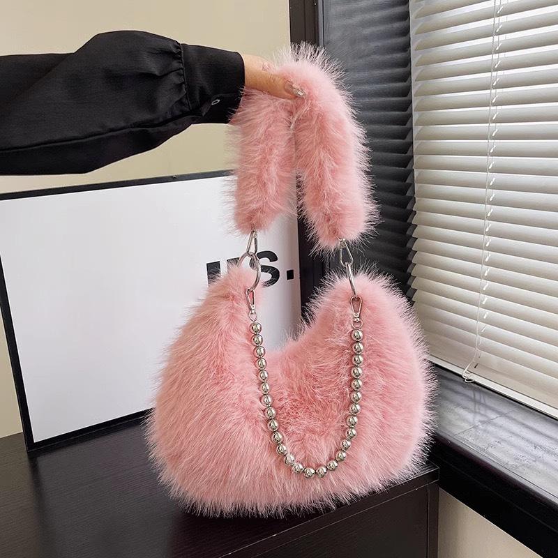 Yogodlns Bonbonfarbene Fellige Knödel Schultertasche Nischendesign Perlenkette Achsel-Umhängetasche Trendige Y2K Mini Handtasche für Damen 33x8x22cm von Joom DACH