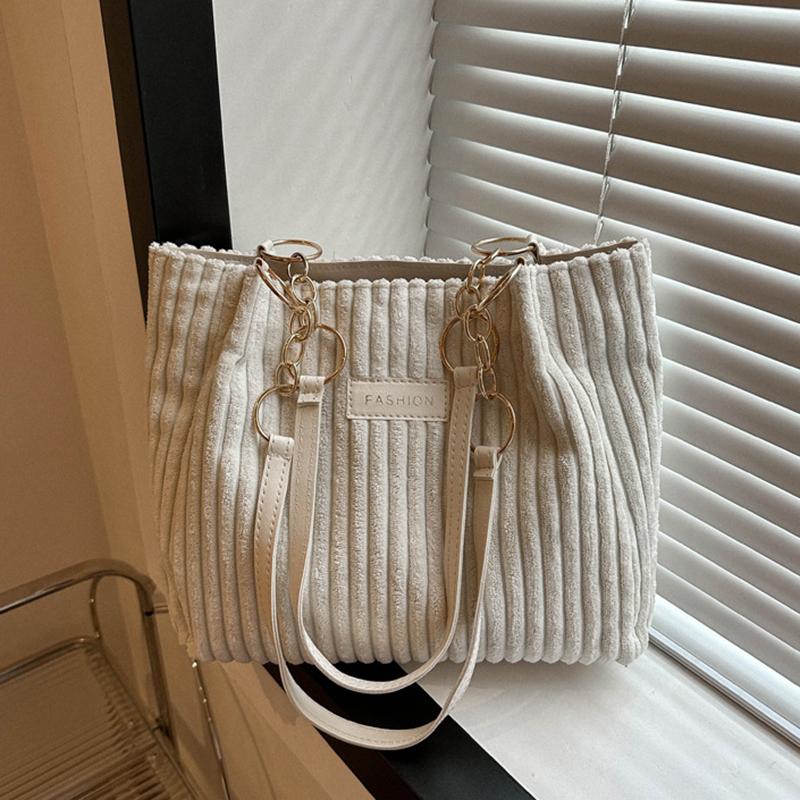 Yogodlns Cord-Tragetasche für Damen, modische Kette, Umhängetasche, große Kapazität, Handtasche für Schule, Arbeit, Reisen 29x10x25.5cm weiß von Joom DACH