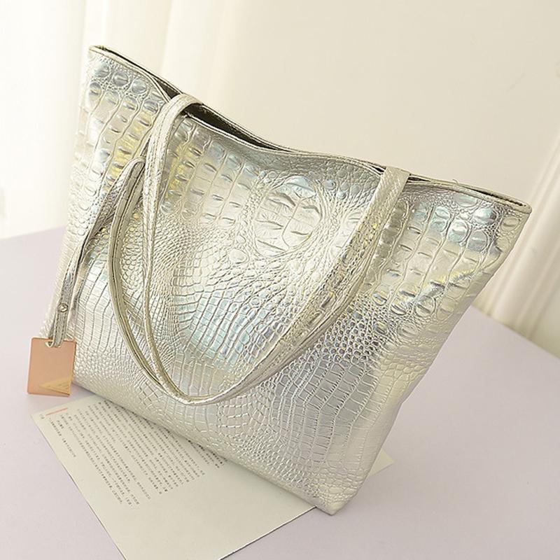 Yogodlns Damen-Umhängetaschen, große Kapazität, PU-Leder, Retro-Krokodilmuster, Handtasche, modische Unterarm-Shopper-Taschen für Dropshipping 33x11x31cm silber von Joom DACH