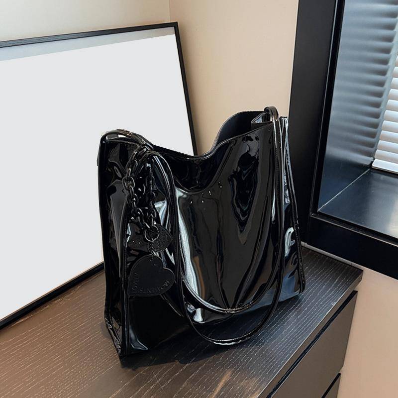 Yogodlns Einfarbige Lackleder-Damenmode-Schultertasche Damen Einfache Luxus-Handtasche Geldbörse Lässige Reise-Einkaufstaschen 31x10x29cm schwarz von Joom DACH