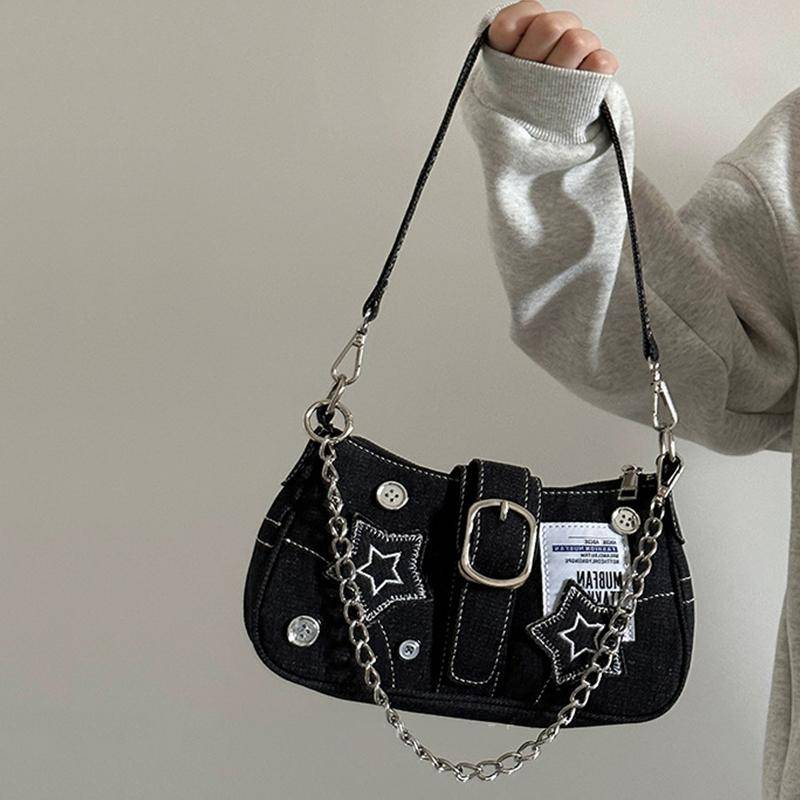 Yogodlns Kleine Design Trend Jeans Unterarm Tasche Damen Neue Cross-Shoulder Bag Schulter Canvas Fashion Chain Bag 23x7x13cm schwarz von Joom DACH