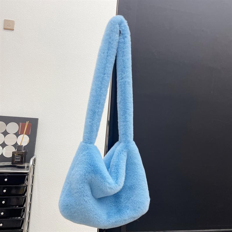 Yogodlns Kunstpelz-Einkaufstasche für Damen, Winter-Plüsch-Umhängetasche, flauschige Umhängetasche, weibliche weiche, flauschige Handtaschen, Shopper-Eimer, Hobo-Tasche 38x10x29cm blau von Joom DACH