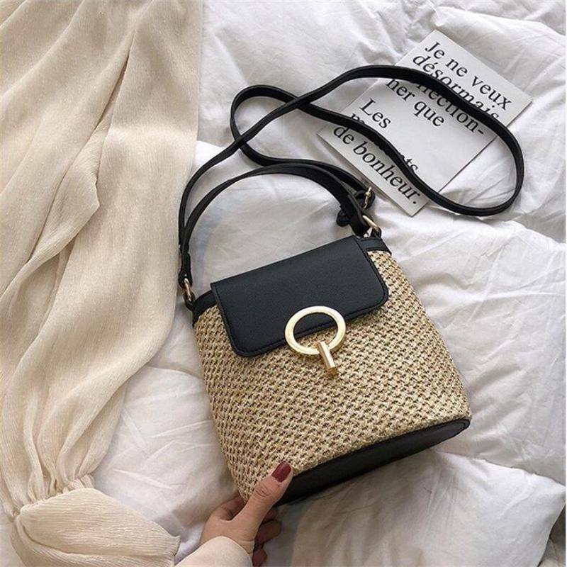 Yogodlns Lässige Ketten Stroh Eimer Taschen Frauen Sommer Messenger Bag Rattan Taschen Strand Dame Reise Geldbörsen und Handtaschen Umhängetasche 20x12x21cm schwarz von Joom DACH