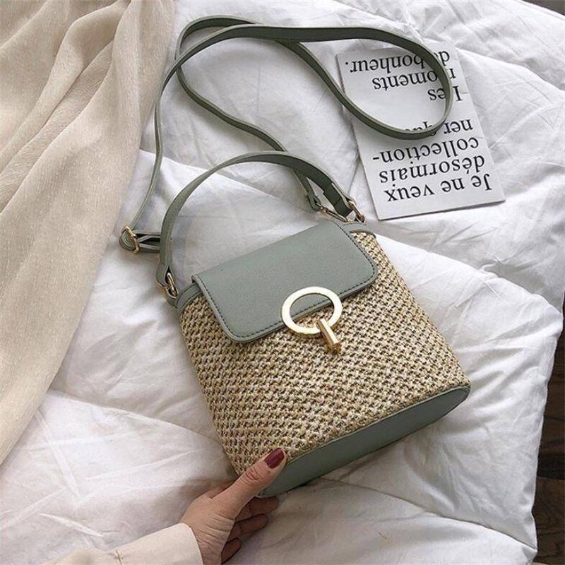 Yogodlns Lässige Ketten Stroh Eimer Taschen Frauen Sommer Messenger Bag Rattan Taschen Strand Dame Reise Geldbörsen und Handtaschen Umhängetasche 20x12x21cm grün von Joom DACH