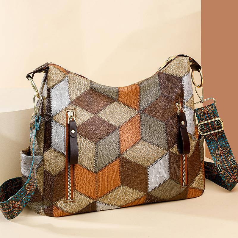 Yogodlns Patchwork Clashing Colors Umhängetasche Hochwertige Handtasche Damentasche Luxusdesign Umhängetasche Damen Messenger Tote 30x10x26cm braun von Joom DACH