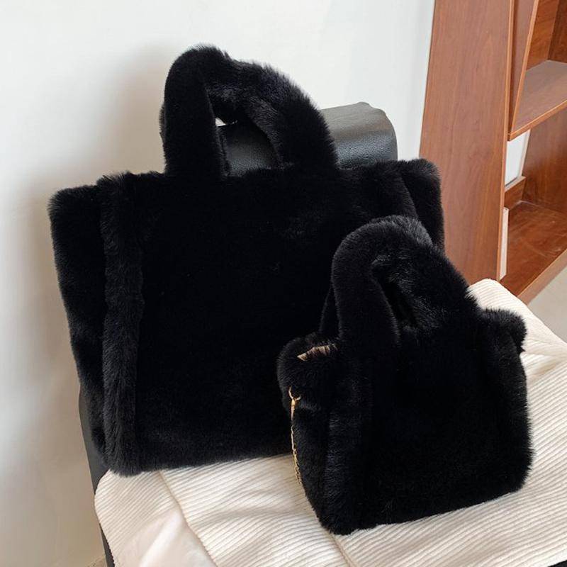Yogodlns Plüsch-Handtasche für Damen, großes Fassungsvermögen, modische Umhängetasche, Herbst und Winter, Pendler-Umhängetasche, flauschige Shopper-Taschen small schwarz von Joom DACH