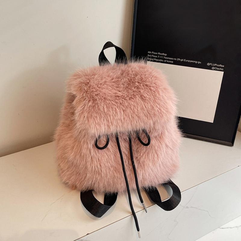 Yogodlns Plüschrucksack Damen Klein Niedlich Kordelzug Flauschige Tasche Einfarbig Weicher Rucksack Winter Warm Kunstfell Schulterrucksack 26x13x26cm rosa von Joom DACH