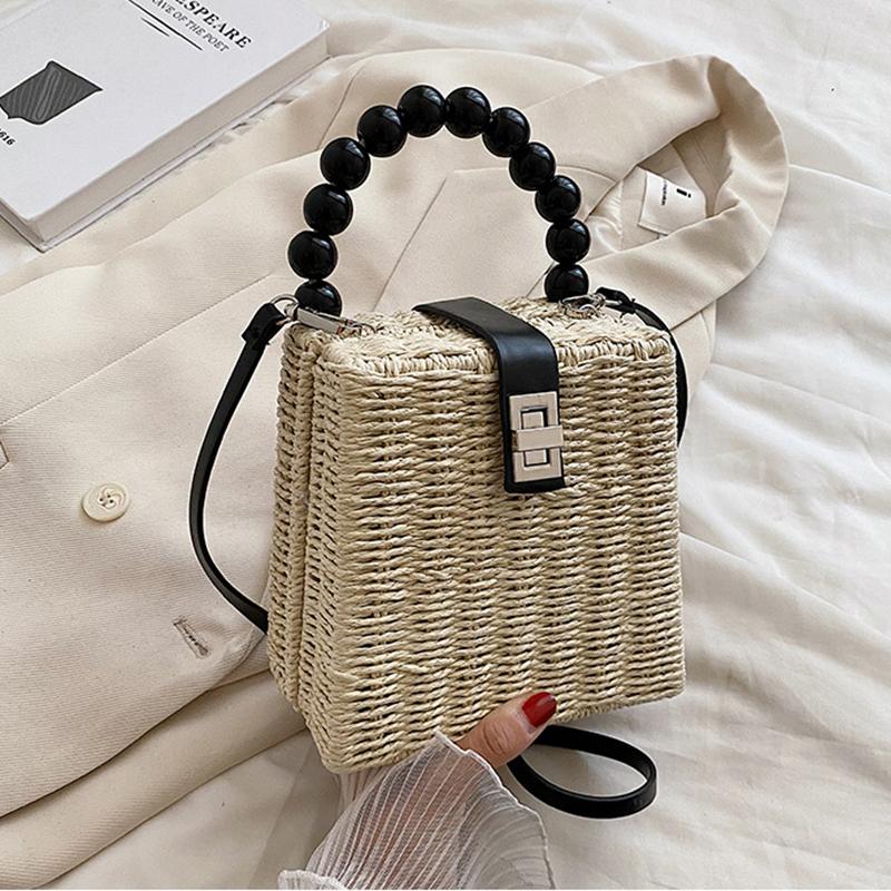 Yogodlns Rattan-Stroh-Damen-Umhängetaschen, Perlengriff, Box, Strand, Urlaub, weibliche Tragetaschen 16.5*10*16.5cm beige von Joom DACH