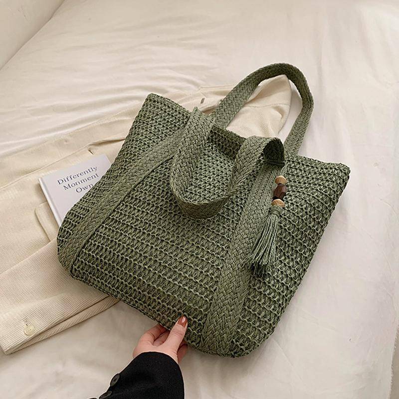 Yogodlns Sommer Gewebte Umhängetasche Frauen Strand Tasche Weibliche Stroh Gestrickte Handgemachte Große Kapazität Handtasche Geldbörse Reise Quaste Shopper Tote 36x2x40cm grün von Joom DACH