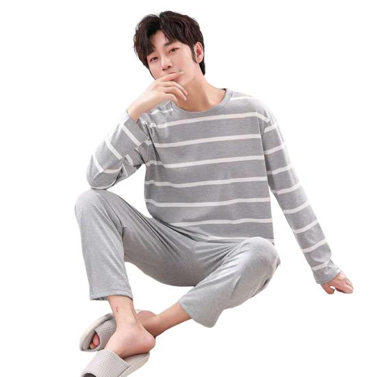 Yousheng 2-teiliges Pyjama-Set für Herren, Rundhalsausschnitt, langärmelig, gestreiftes Oberteil mit Druck, elastische Taille, lange Hosen, Home-Lounge-Wear-Set L von Joom DACH