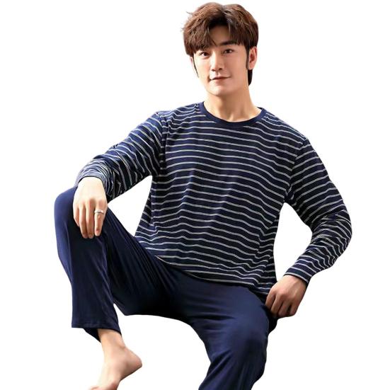 Yousheng 2-teiliges Pyjama-Set für Herren, Rundhalsausschnitt, langärmelig, gestreiftes Oberteil mit Druck, elastische Taille, lange Hosen, Home-Lounge-Wear-Set M von Joom DACH