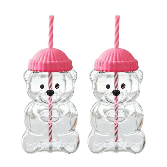 Yousheng Bär Glas mit Stroh Halbwärmebeständige Tasse für Kaffee Bier Cocktails Niedliches Trinkglas für heiße & kalte Getränke 2pcs Glass rosa von Joom DACH