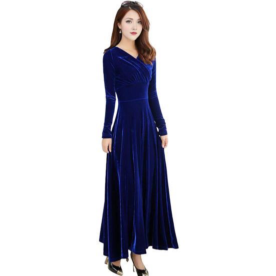 Yousheng Samt Maxi-Kleid für Damen V-Ausschnitt Party Knöchellang Langes Kleid A-Linie Einfarbig Abendkleid für Hochzeit Cocktailparty XL blau von Joom DACH