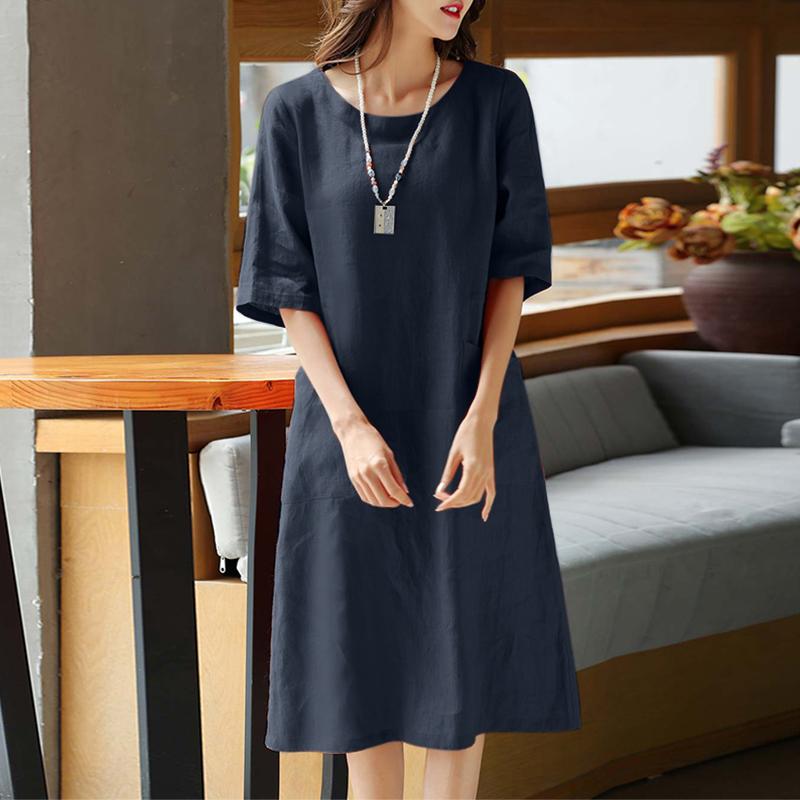 ZANZEA Baumwoll-Leinen-Kleid für Damen, Sommer, lässig, O-Ausschnitt, halbe Ärmel 3XL dunkelblau von Joom DACH