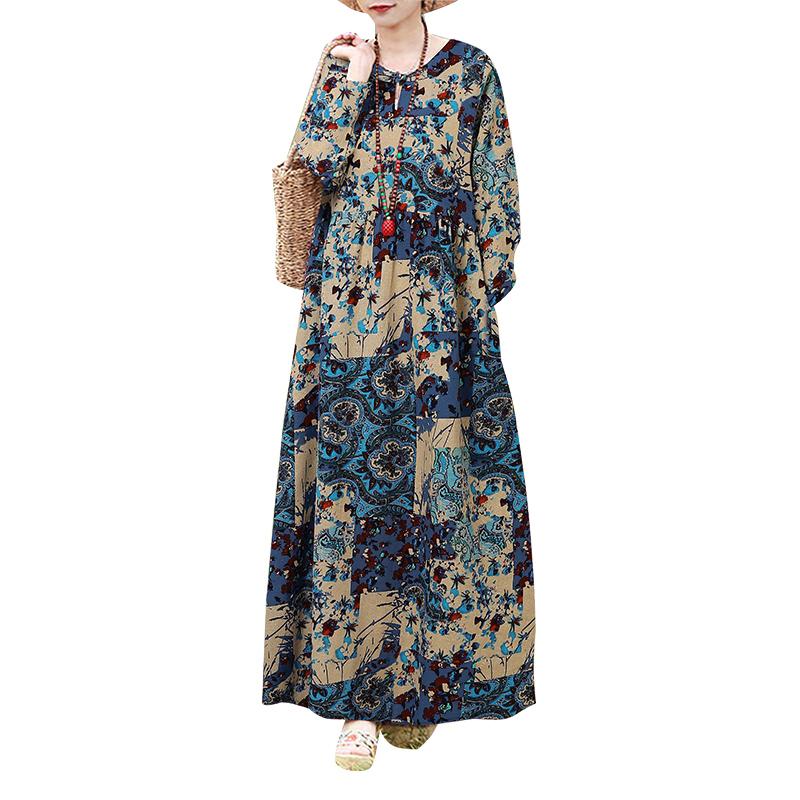 ZANZEA Damen Blumendruck Locker Lässig O-Ausschnitt Langarm Langes Kleid 4XL blau von Joom DACH