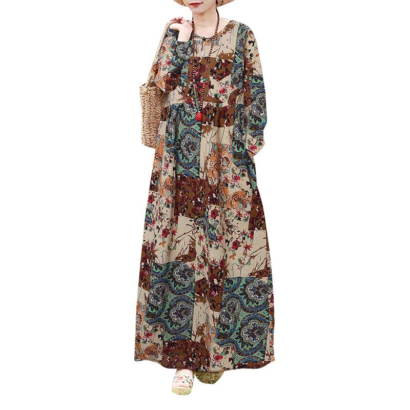 ZANZEA Damen Blumendruck Locker Lässig O-Ausschnitt Langarm Langes Kleid L khaki von Joom DACH