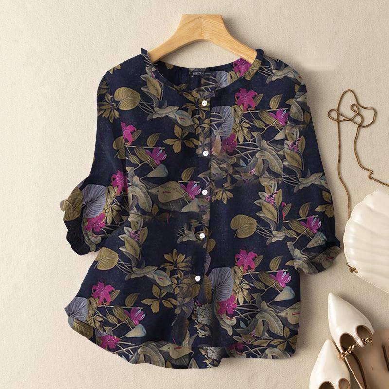 ZANZEA Damen-Bluse, lässig, O-Ausschnitt, 3/4-Ärmel, Sommerbluse mit Blumendruck 5XL dunkelblaue von Joom DACH
