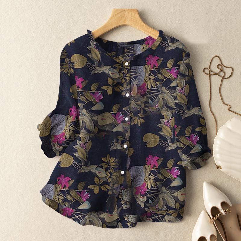 ZANZEA Damen-Bluse, lässig, O-Ausschnitt, 3/4-Ärmel, Sommerbluse mit Blumendruck 5XL dunkelblaue von Joom DACH