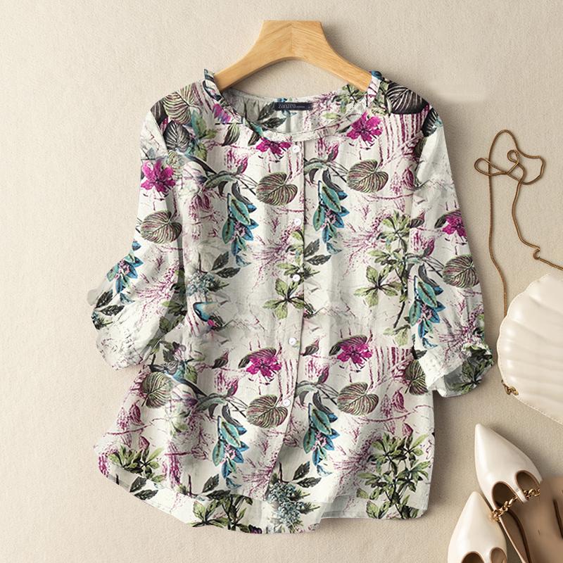 ZANZEA Damen-Bluse, lässig, O-Ausschnitt, 3/4-Ärmel, Sommerbluse mit Blumendruck L von Joom DACH